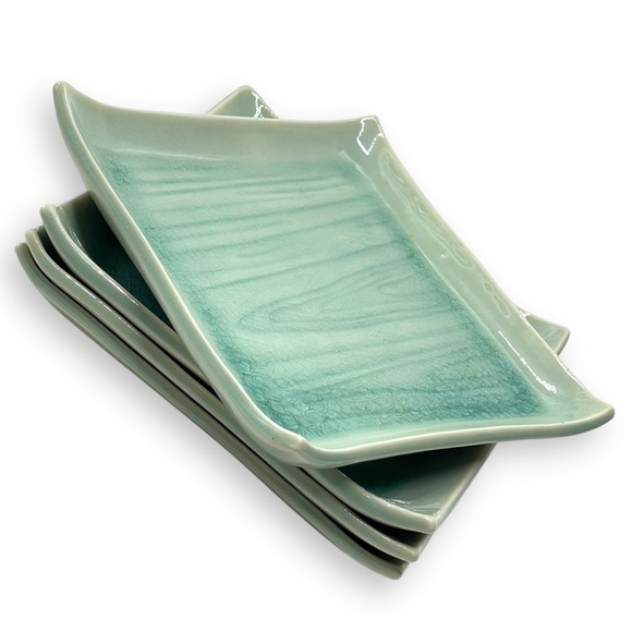 Japanese Set of 4 Celadon Green w/ Blue Crackle Square Glazed Small Plates 6" - Picture 3 of 9